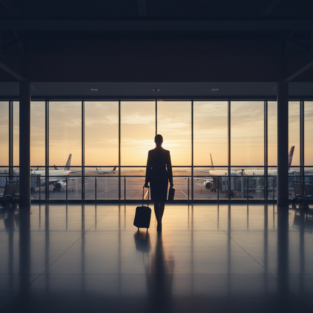 台北國際機場晨曦與航空服務人員背影意象